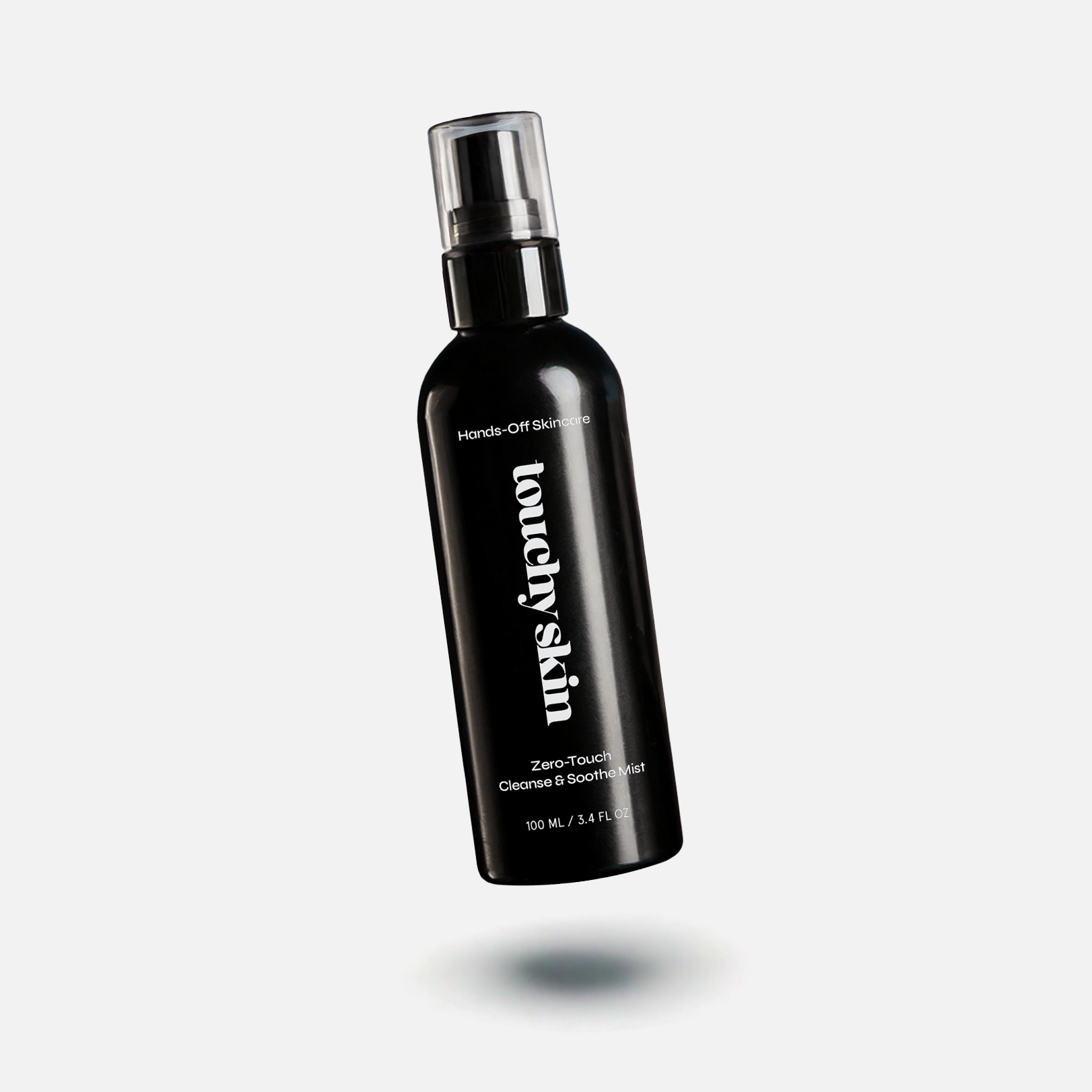 Touchy Skin Zero-Touch Cleanse & Soothe Mist (100mL) floating against a clean white background with a soft shadow below.